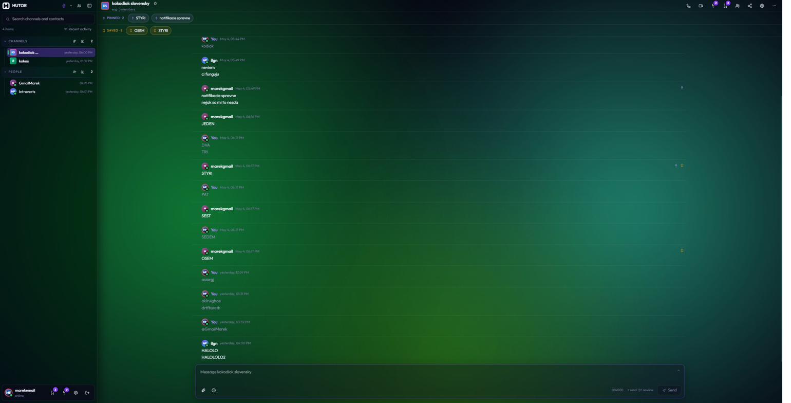 Hutor application — main chat view with channels sidebar, message thread and aurora background